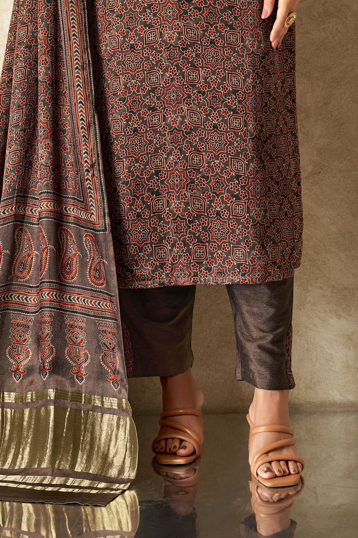 Brown Zardozi, Mirror, Stone and Beads work with Ajrakh Print Straight Cut Salwar Suit