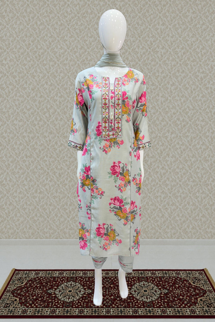 Light Grey Floral Print Straight Cut Salwar Suit