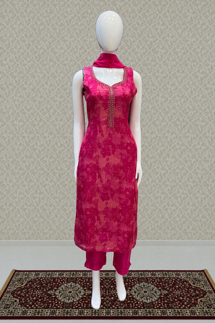 Rani Pink Zardozi, Mirror, Stone, Zari and Banaras Butta work Straight Cut Salwar Suit