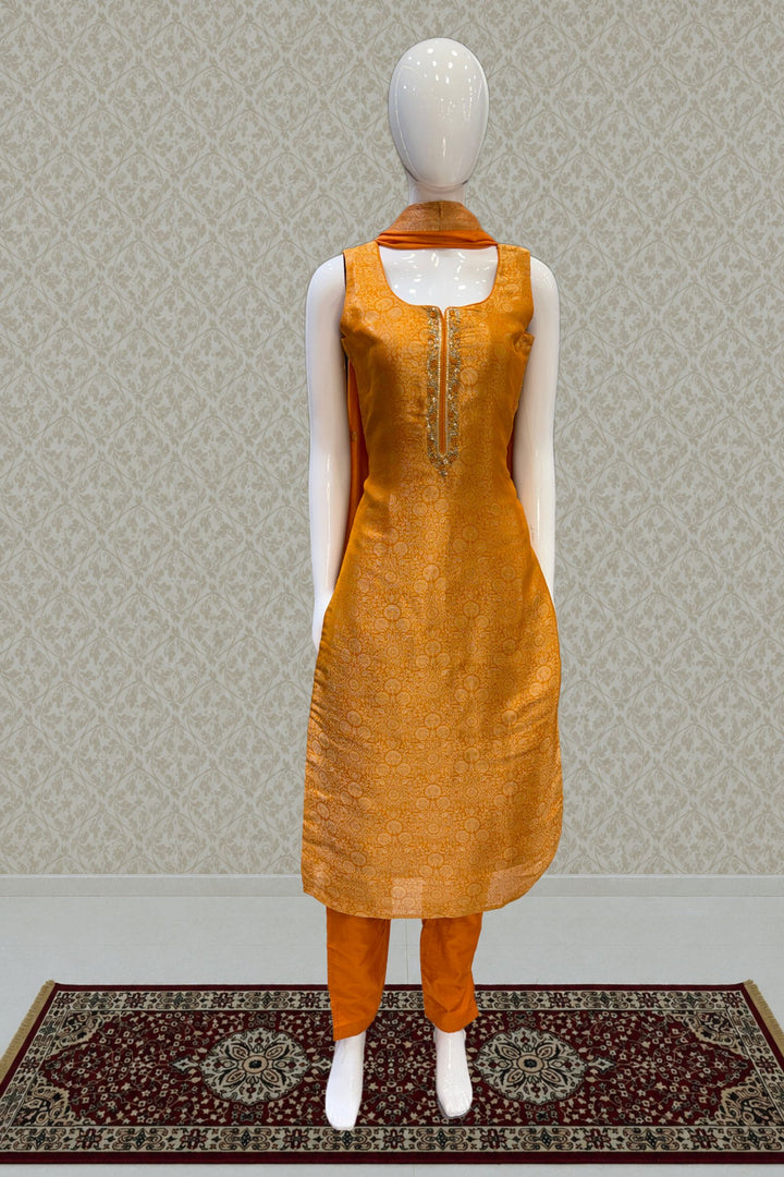 Orange Brocade, Zardozi, Sequins, Stone and Thread work Straight Cut Salwar Suit