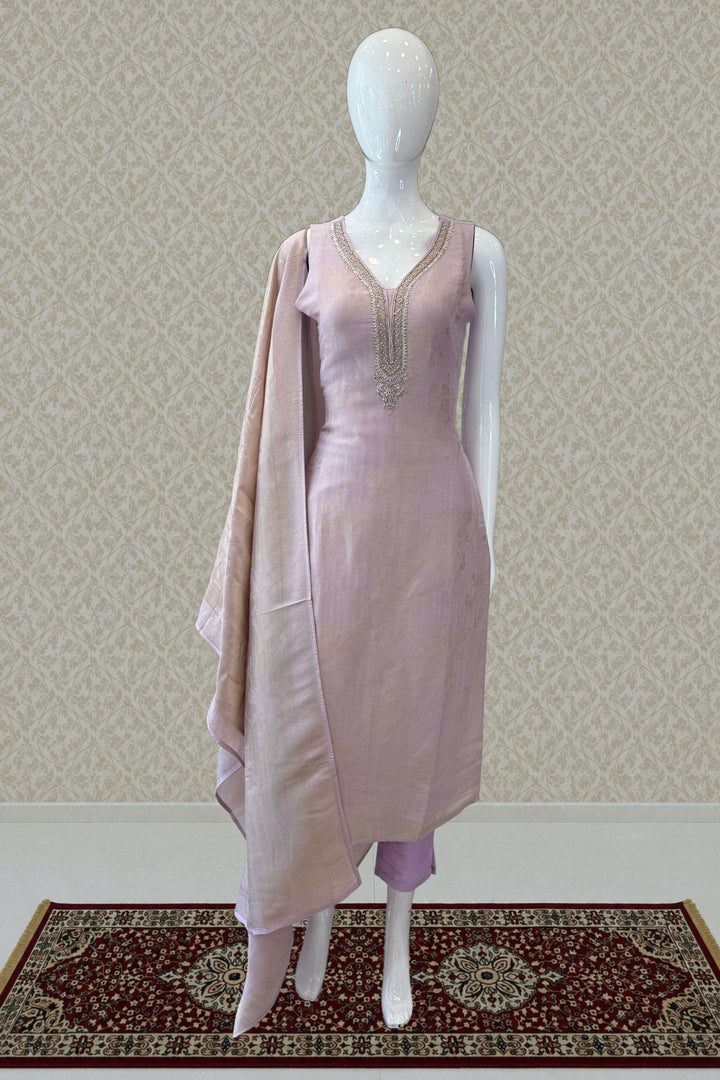 Light Lavender Banaras, Beads, Zardozi, Stone and Mirror work Straight Cut Salwar Suit