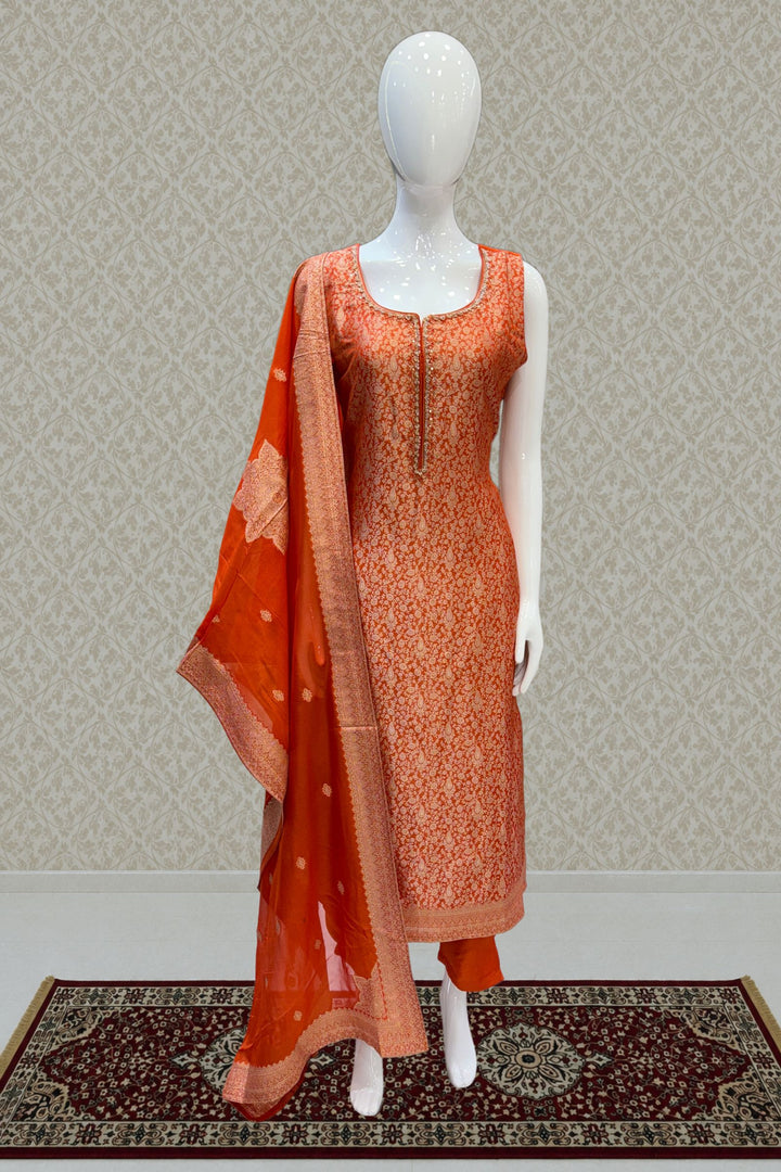 Orange Zardozi, Stone, Thread and Brocade work Straight Cut Salwar Suit