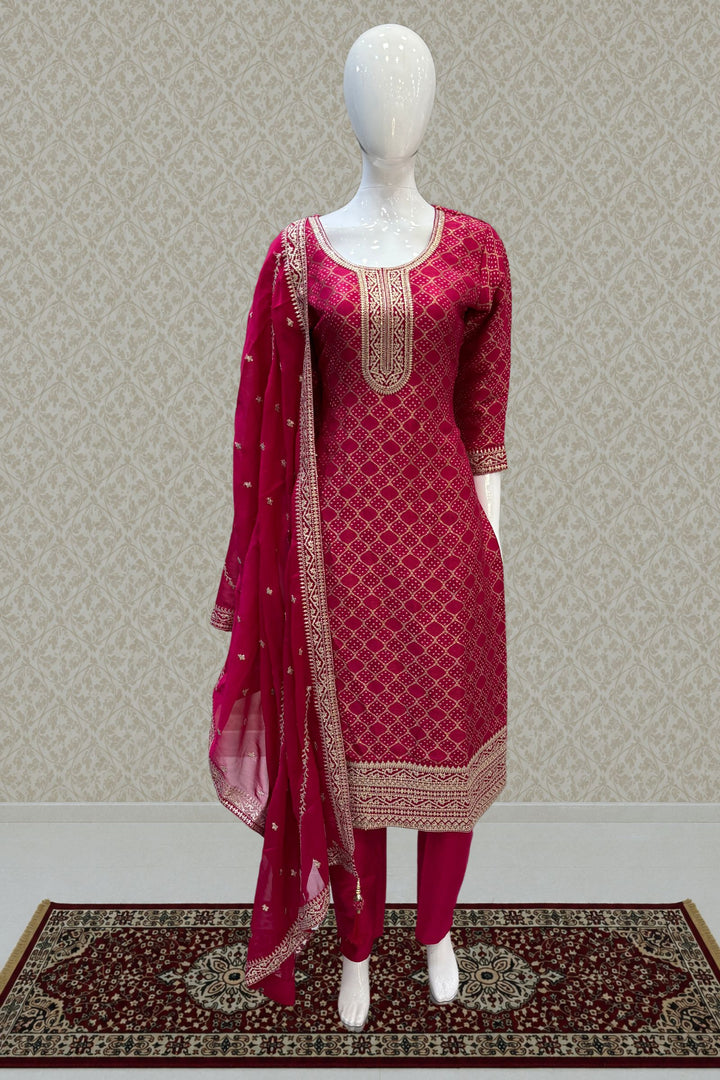 Rani Pink Banaras, Sequins and Zari work with Bandini Print Straight Cut Salwar Suit