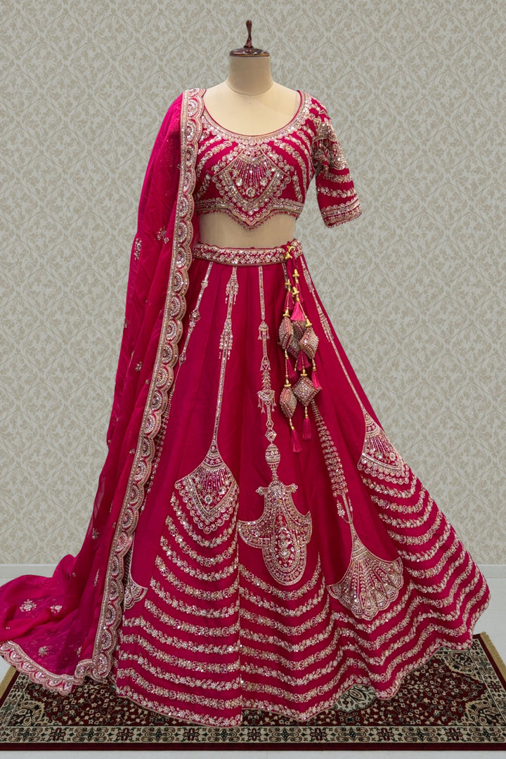 Rani Pink Zari, Sequins, Beads and Zardozi work Crop Top Designer Bridal Lehenga with Belt