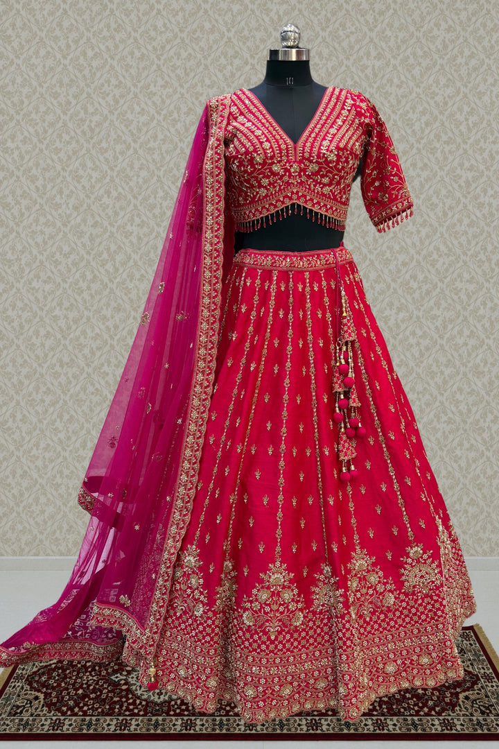 Rani Pink Beads, Zari, Zardozi and Sequins work Crop Top Designer Bridal Lehenga with Belt