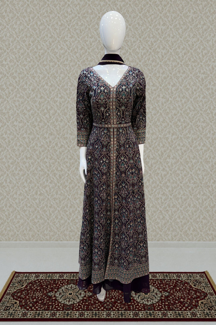 Wine Mirror, Sequins and Multicolor Embroidery work Mastani Styled Palazzo Suit with Belt