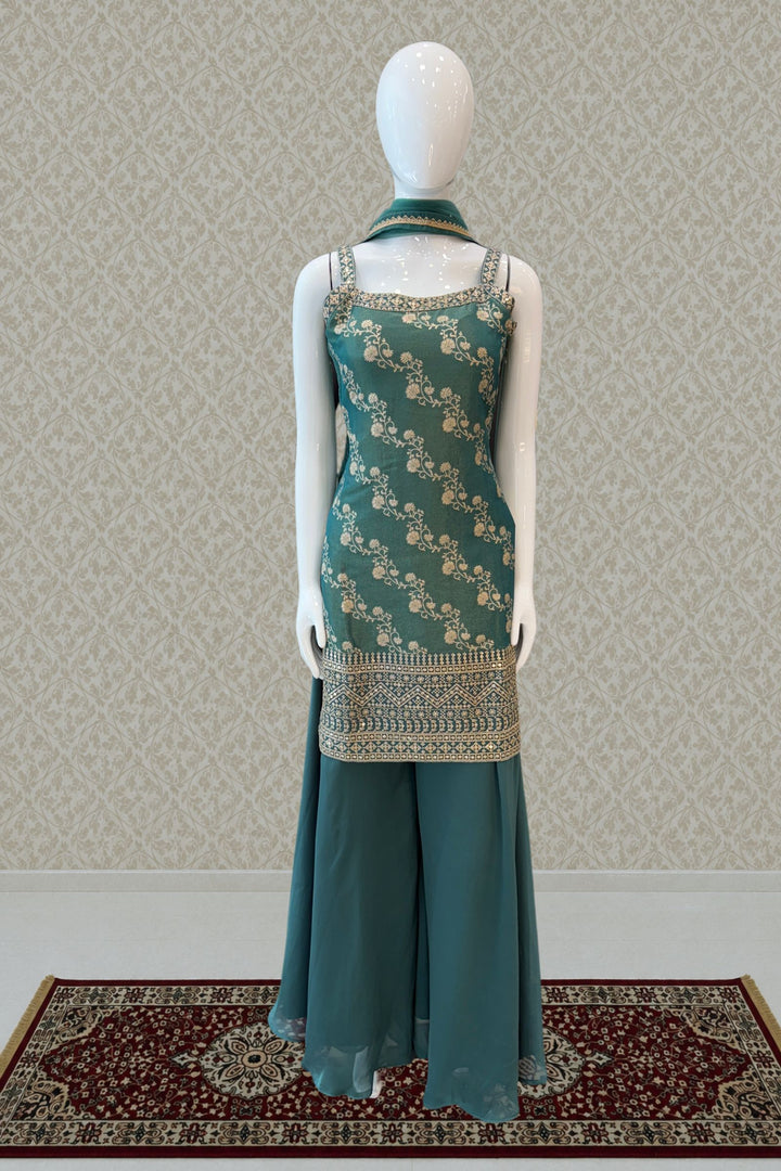 Sea Green Zari, Sequins and Banaras work Palazzo Salwar Suit