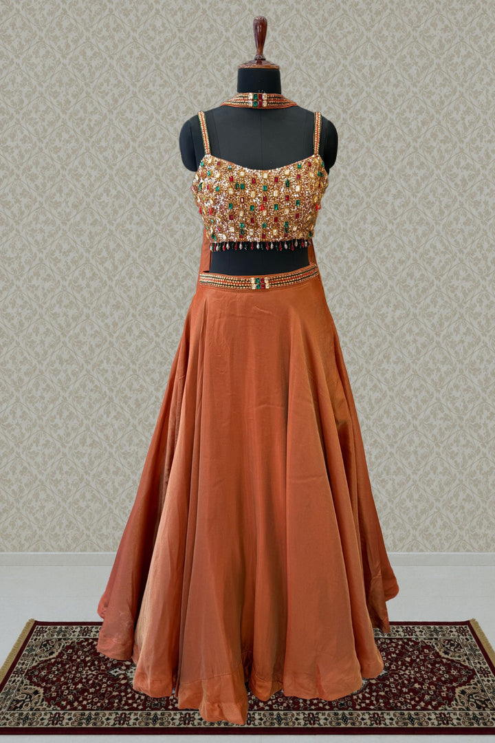 Rust Stone, Beads and Sequins work Crop Top Lehenga