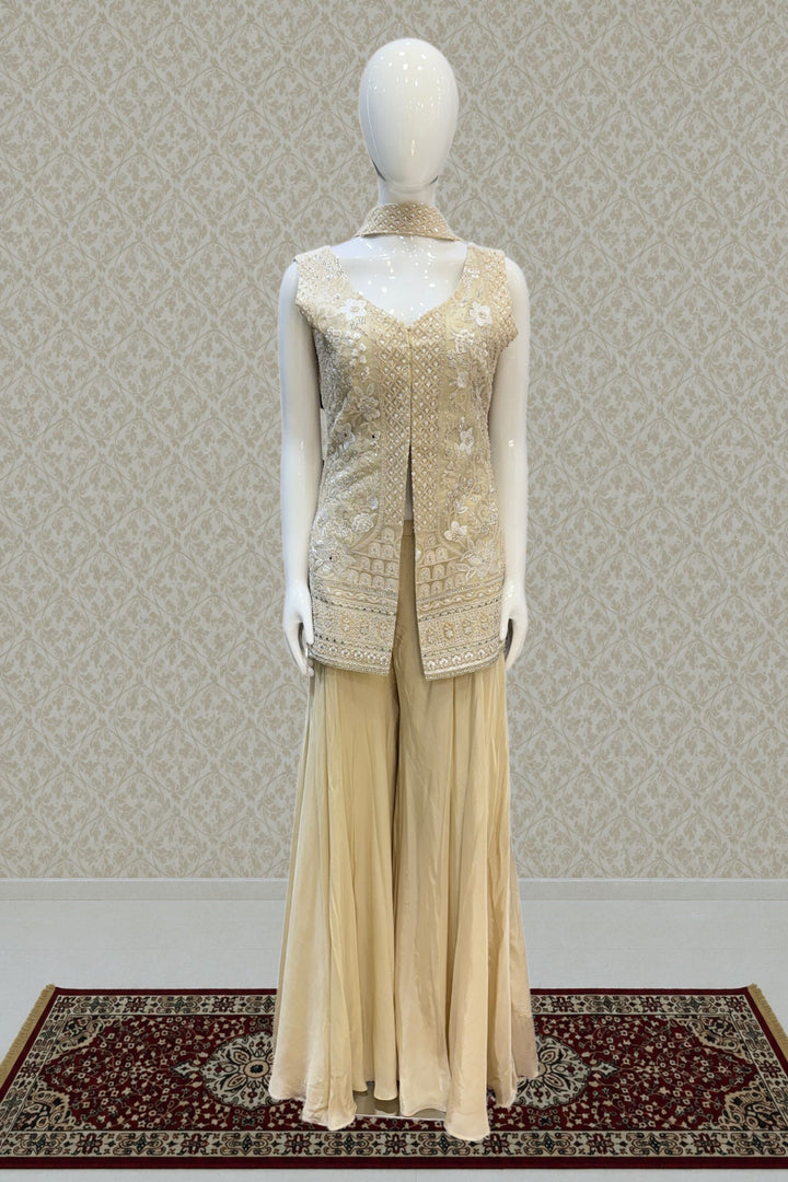 Cream Stone, Zari, Thread, Sequins and Beads work Salwar with Palazzo Pant