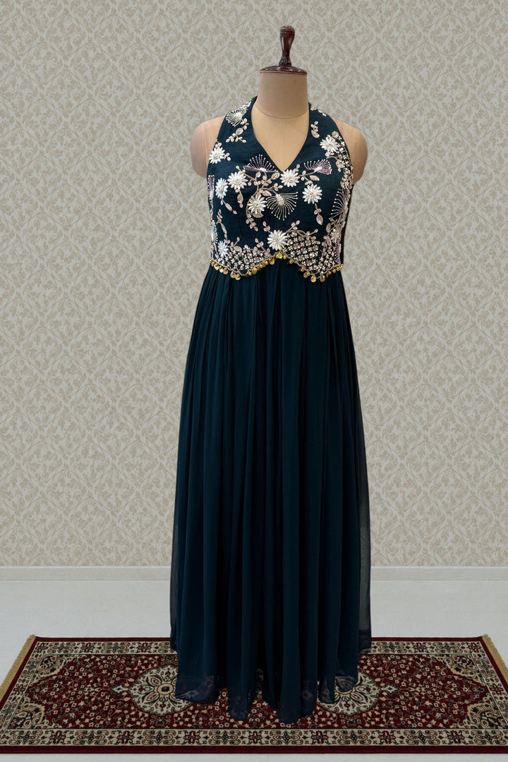Peacock Green Beads and Zari work Halter Neck Floor Length Anarkali Suit