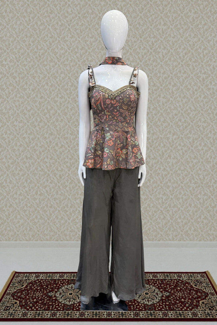 Grey Floral Print Peplum Top and Flared Palazzo Set with Zari and Beads work