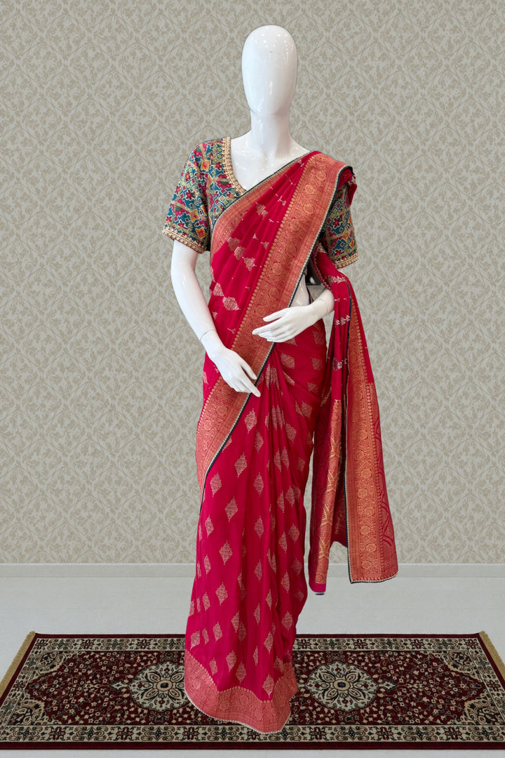 Rani Pink Banaras work Saree with Patola Print, Sequins and Zardozi work Readymade Blouse