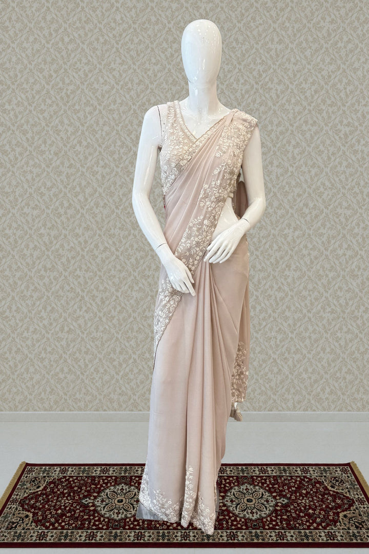 Beige Thread, Zari and Sequins work Saree
