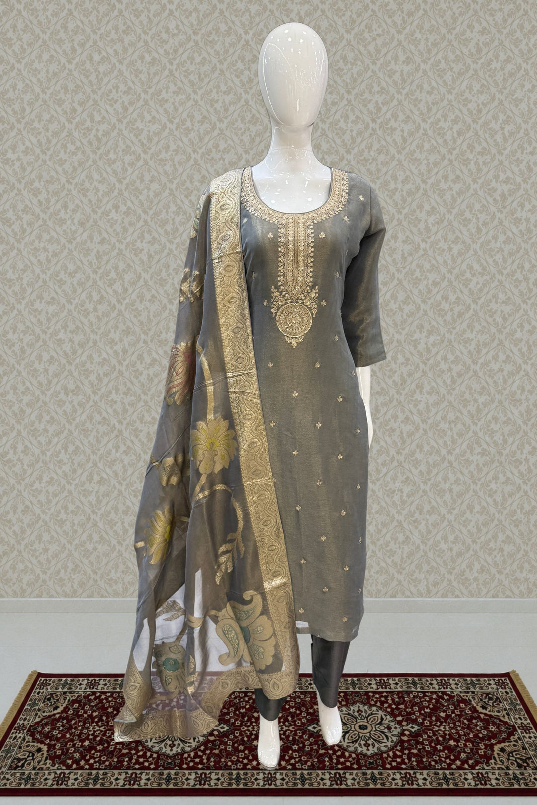 Grey Sequins, Zari and Banaras work Straight Cut Salwar Suit