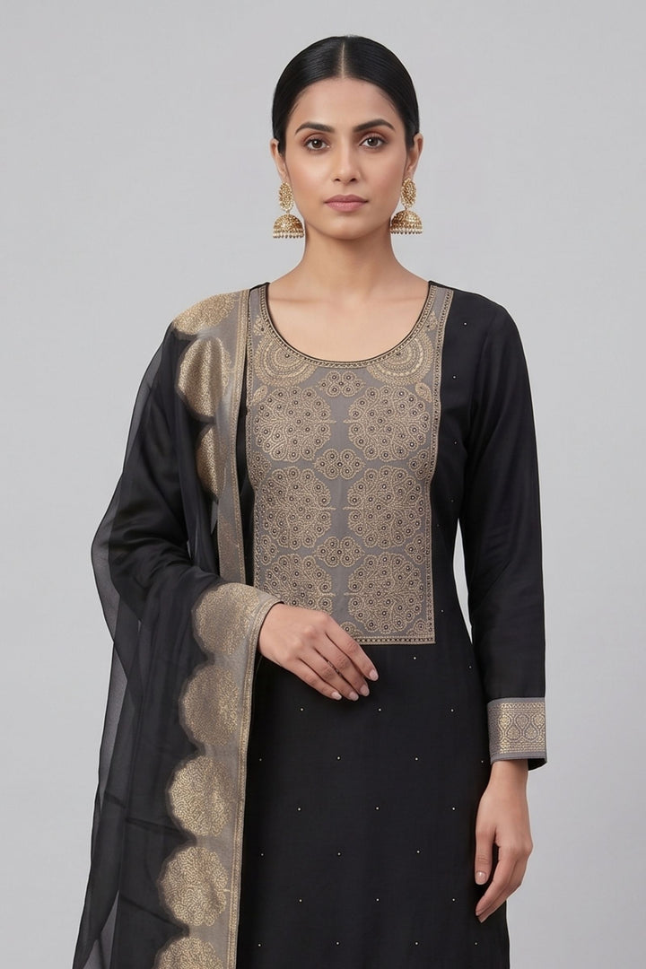 Black Beads, Sequins, Zardozi and Banaras work Straight Cut Salwar Suit