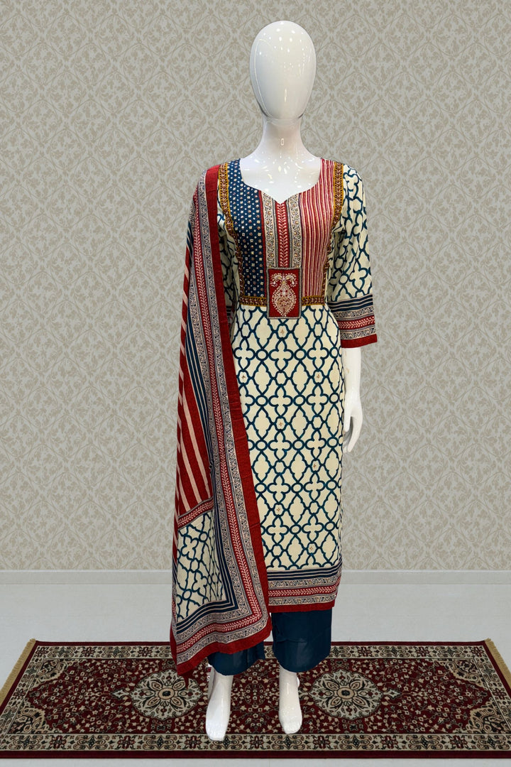 Cream with Peacock Blue Beads and Mirror work with Ajrakh Print Straight Cut Salwar Suit