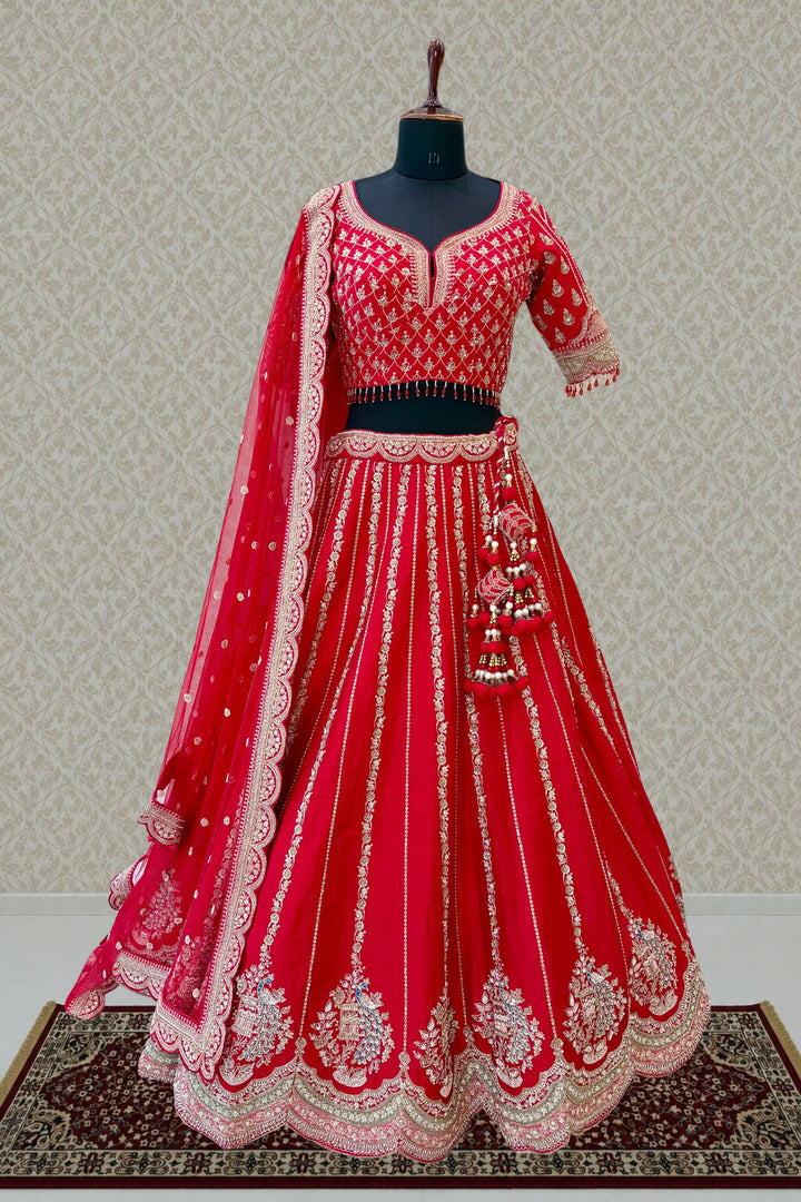 Red Zardozi, Sequins, Beads, Pearl, Thread and Zari work Crop Top Designer Bridal Lehenga