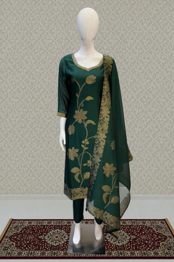 Green Banaras, Stone, Zardozi, Sequins, Beads and Zari work Straight Cut Salwar Suit