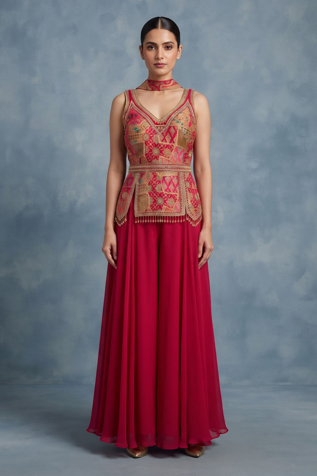 Rani Pink Brocade, Beads, Zardozi, Stone, Zari and Sequins work Palazzo Set