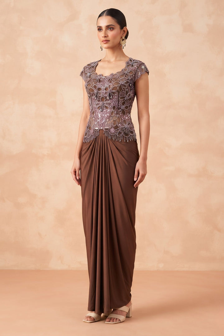 Brown Indo-Western Styled Beads and Sequins work Top and Cowl Skirt