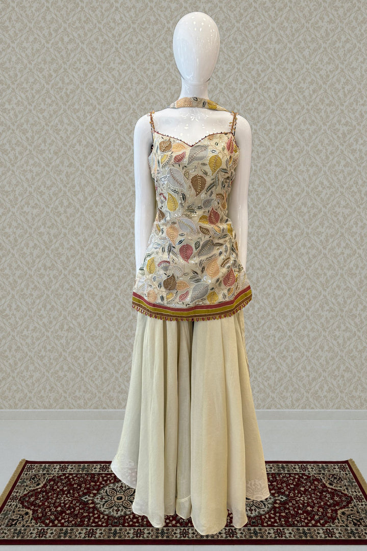 Cream Set Featuring All-Over Multicolour Thread and Bead Leaf Embroidery