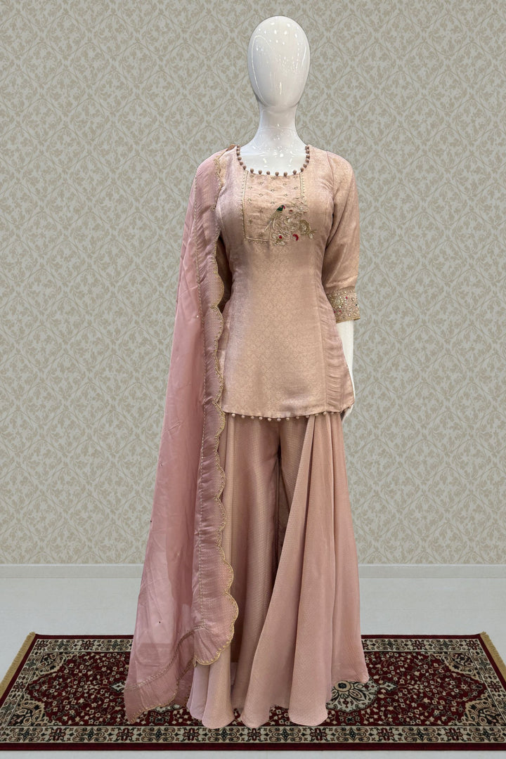 Onion Pink Brocade, Zardozi, Sequins and Thread work Palazzo Salwar Suit