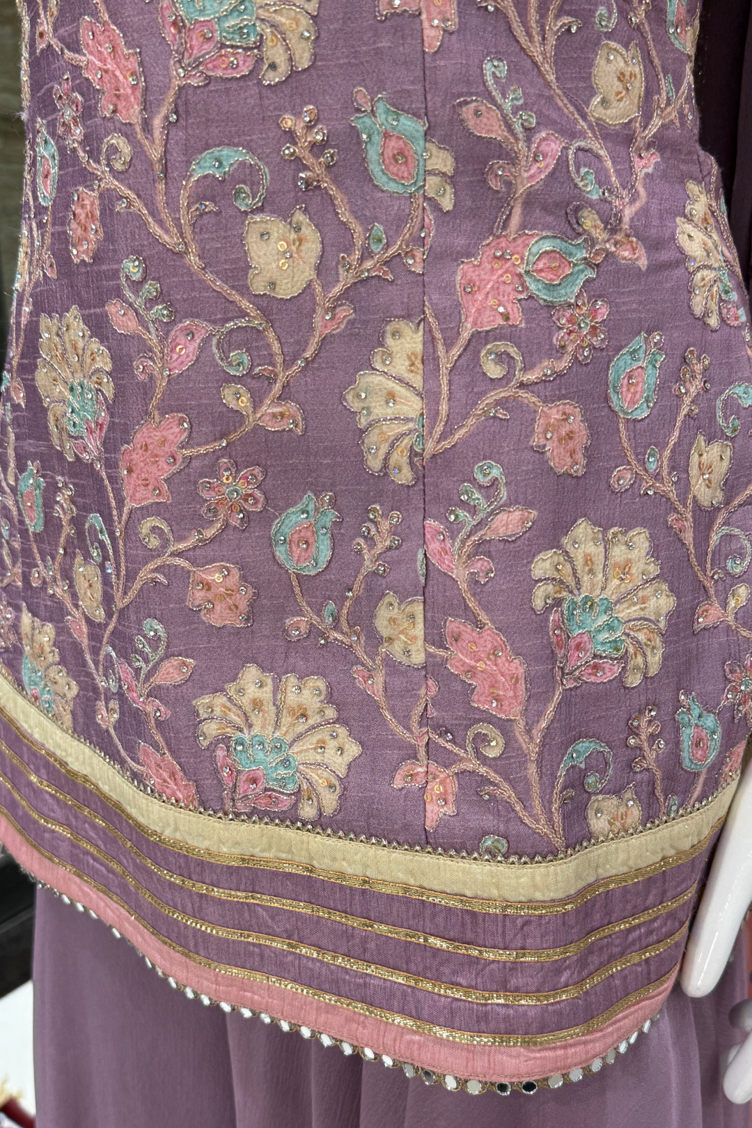 Lavender Zardozi, Mirror and Beads work with Multicolor Digital Print Palazzo Salwar Suit