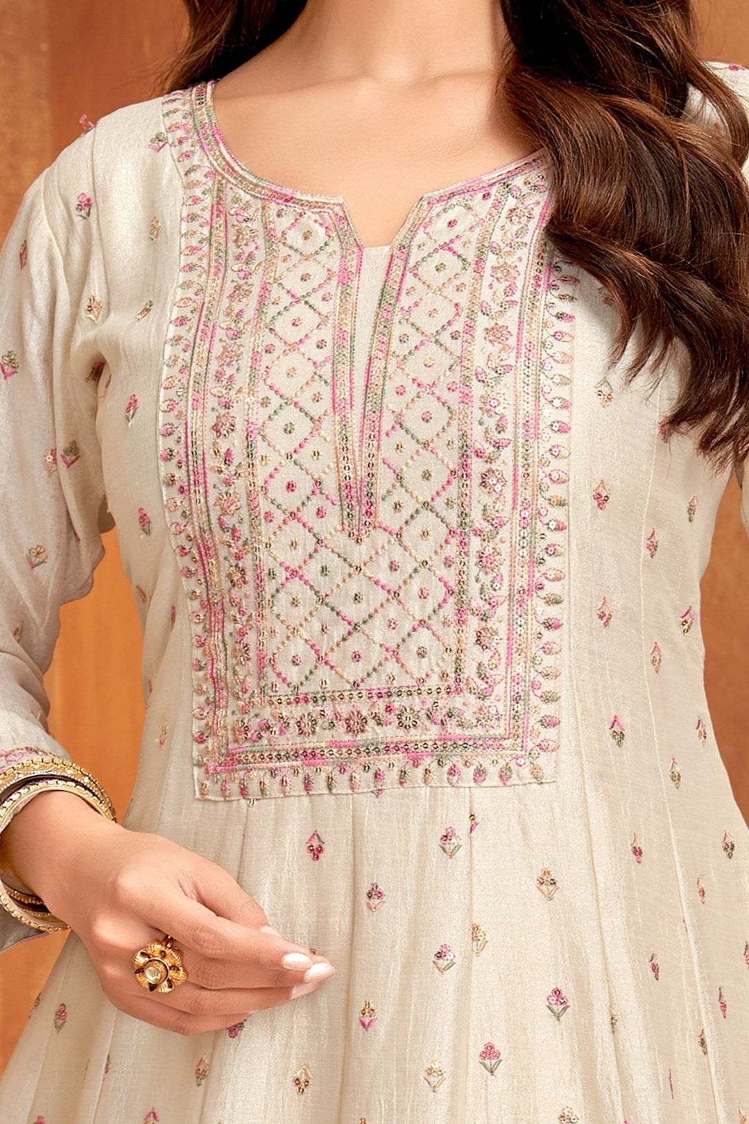 Beige Multicolor Thread and Sequins work Anarkali Style Salwar