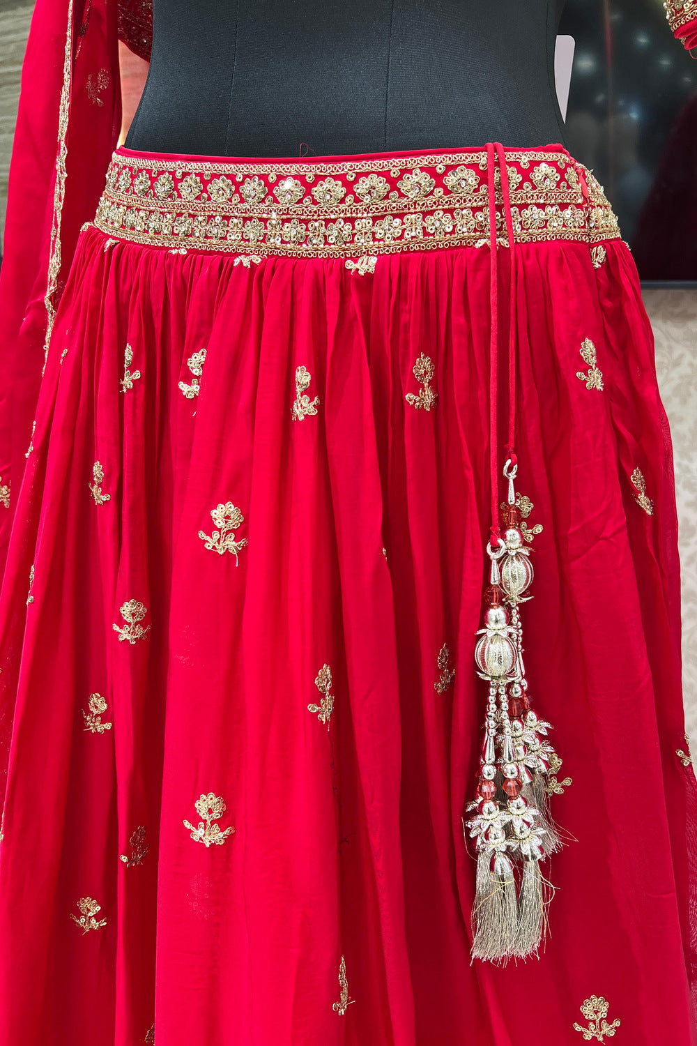 Red Sequins, Zari, Pearl and Beads work Crop Top Lehenga