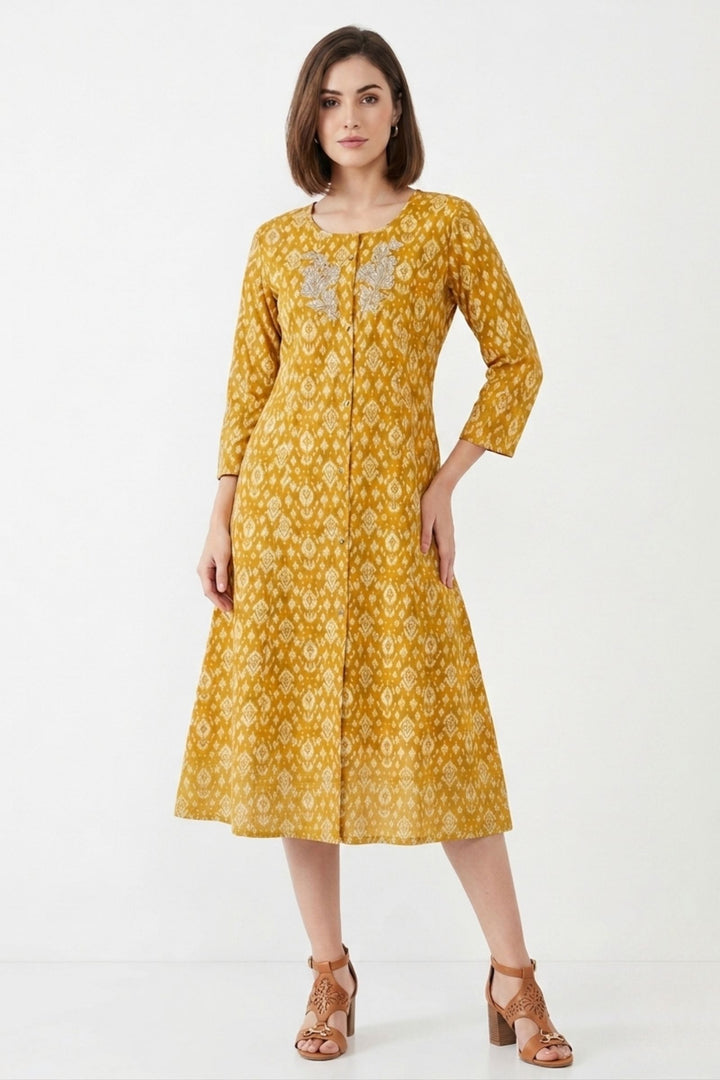 Mustard Embroidery and Mirror work with Digital Print A-Line Cut Calf Length Kurti