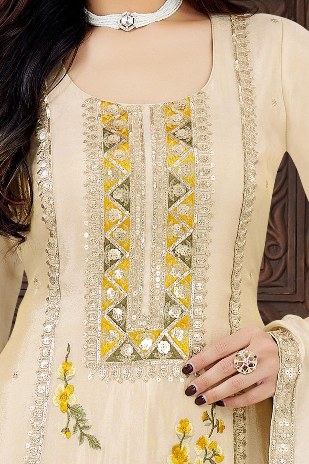 Beige Sequins, Zari and Embroidery work Straight Cut Salwar Suit