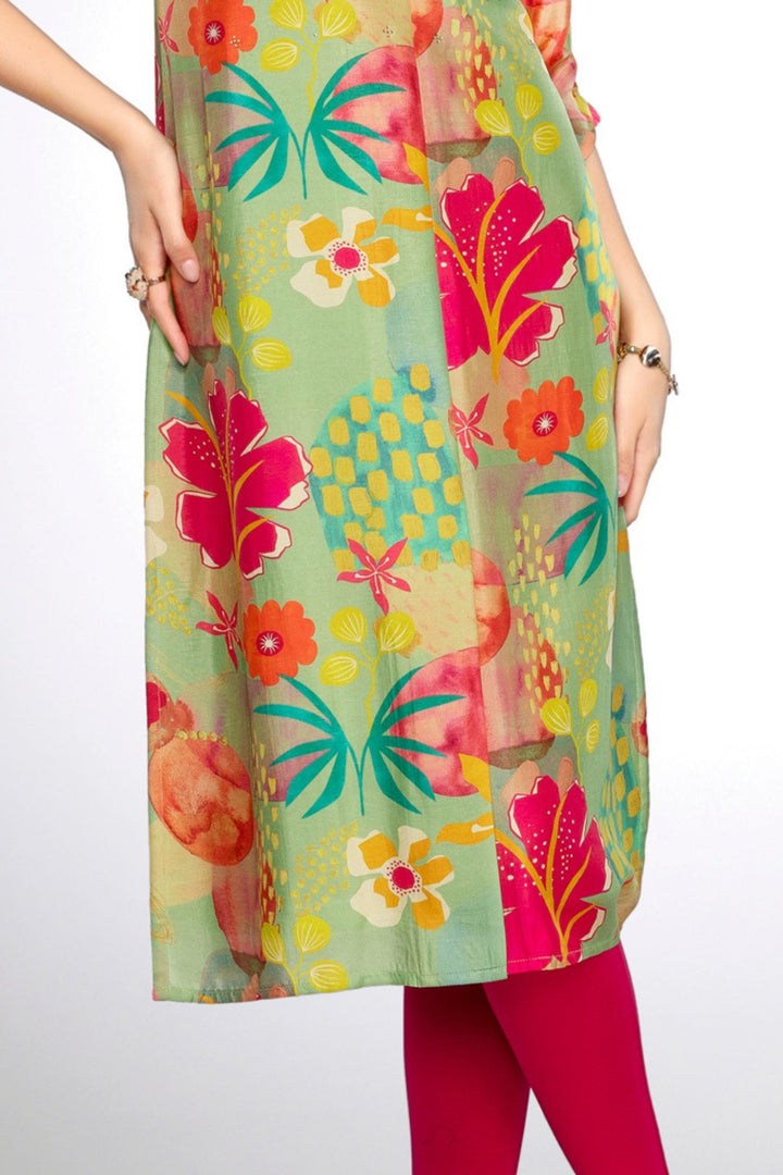 Pista Green Stone work with Multicolor Digital Print Calf Length Kurti