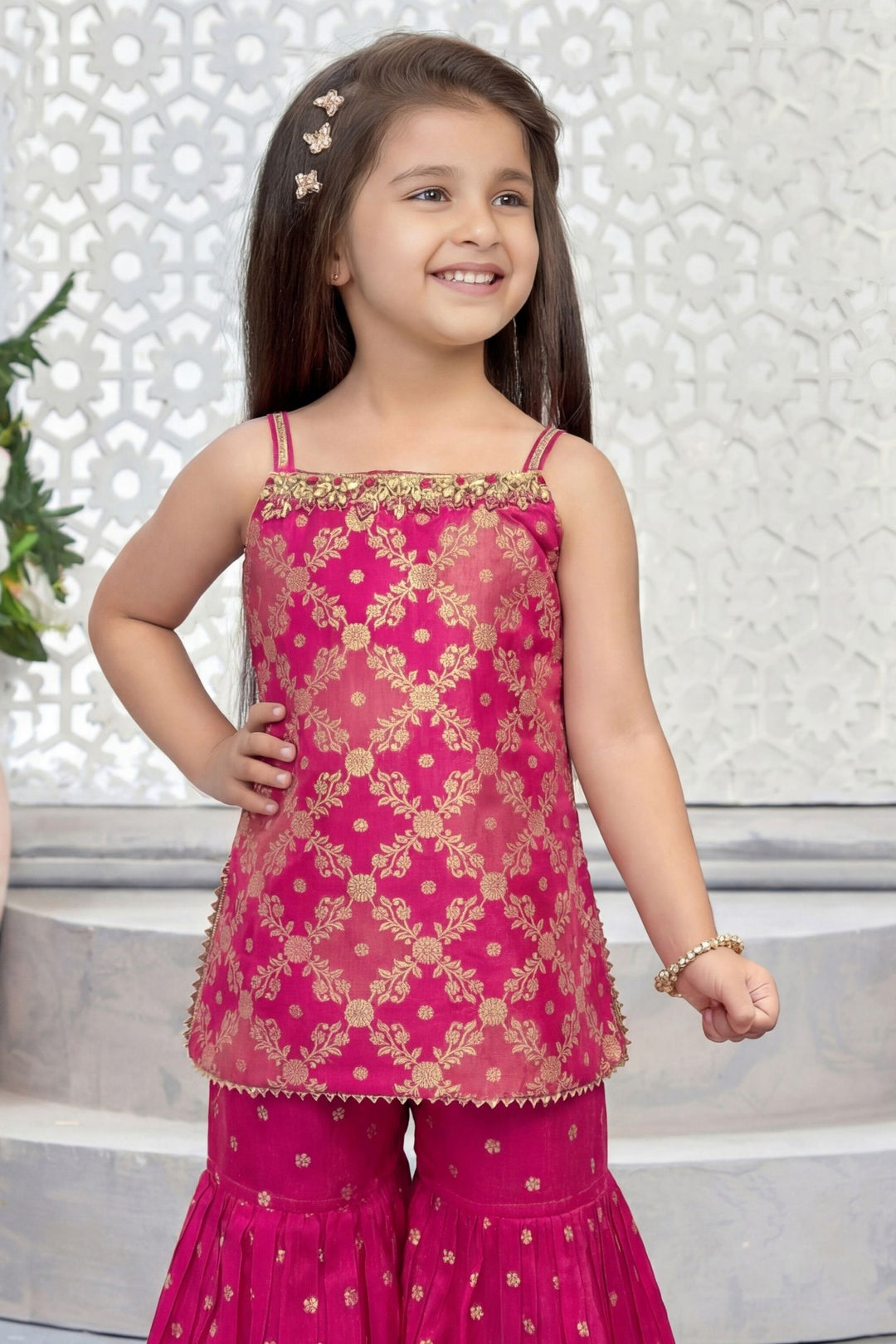 Rani Pink Banaras Zari, Mirror and Beads work Sharara Suit Set for Girls