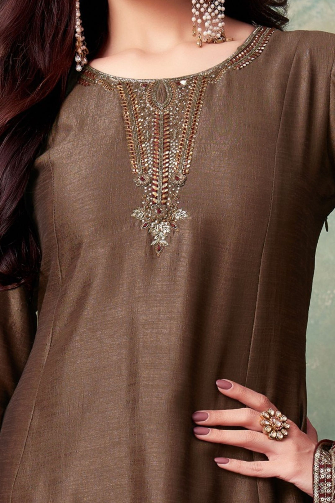 Brown Zardozi, Beads, Mirror and Stone work A-line Cut Anarkali Styled Salwar Suit