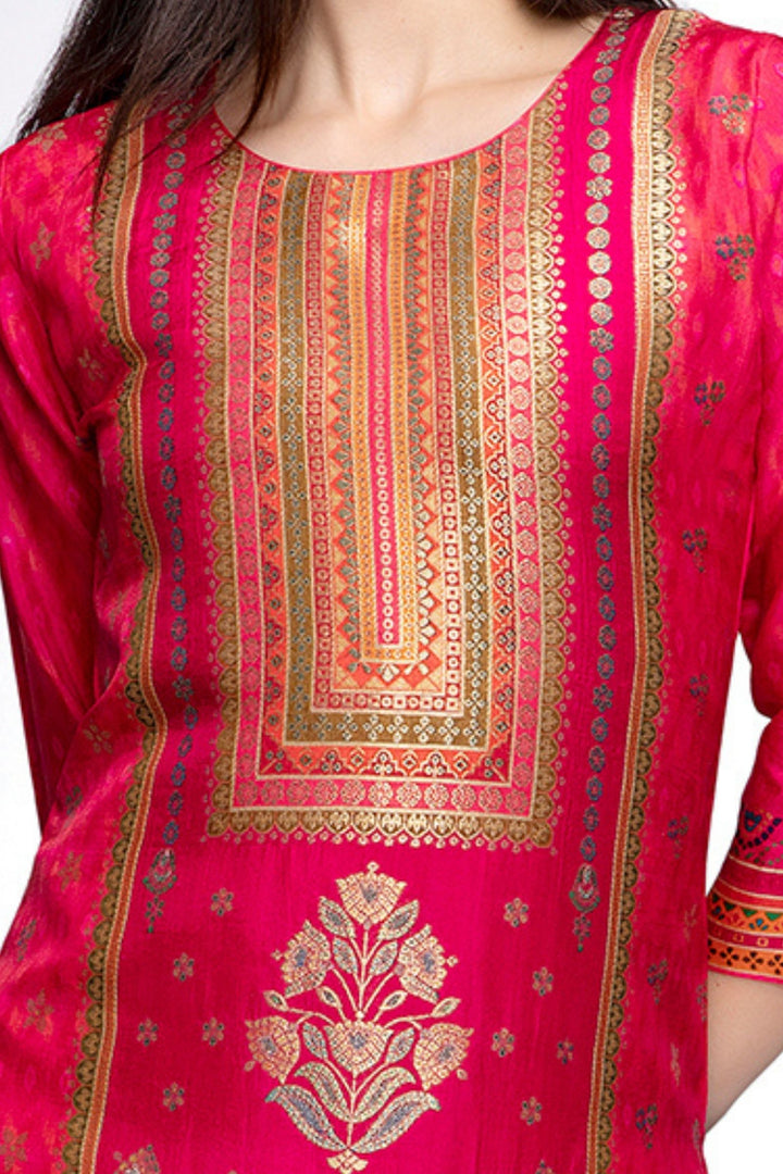 Rani Pink Banaras work Calf Length Kurti