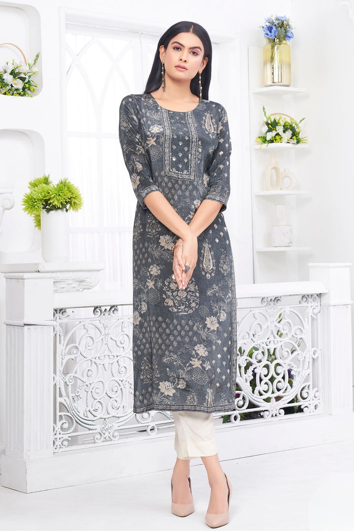 Grey Beads work with Digital Print Calf Length Kurti