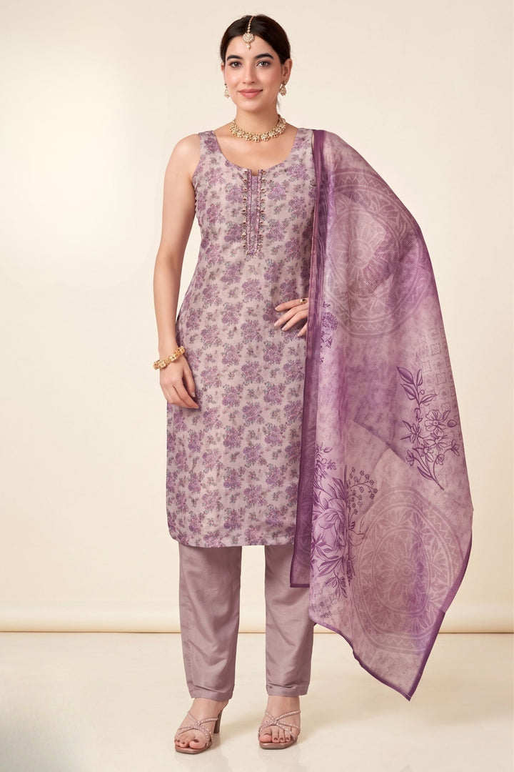 Lavender Mirror, Beads and Sequins work with Floral Print Straight Cut Salwar Suit