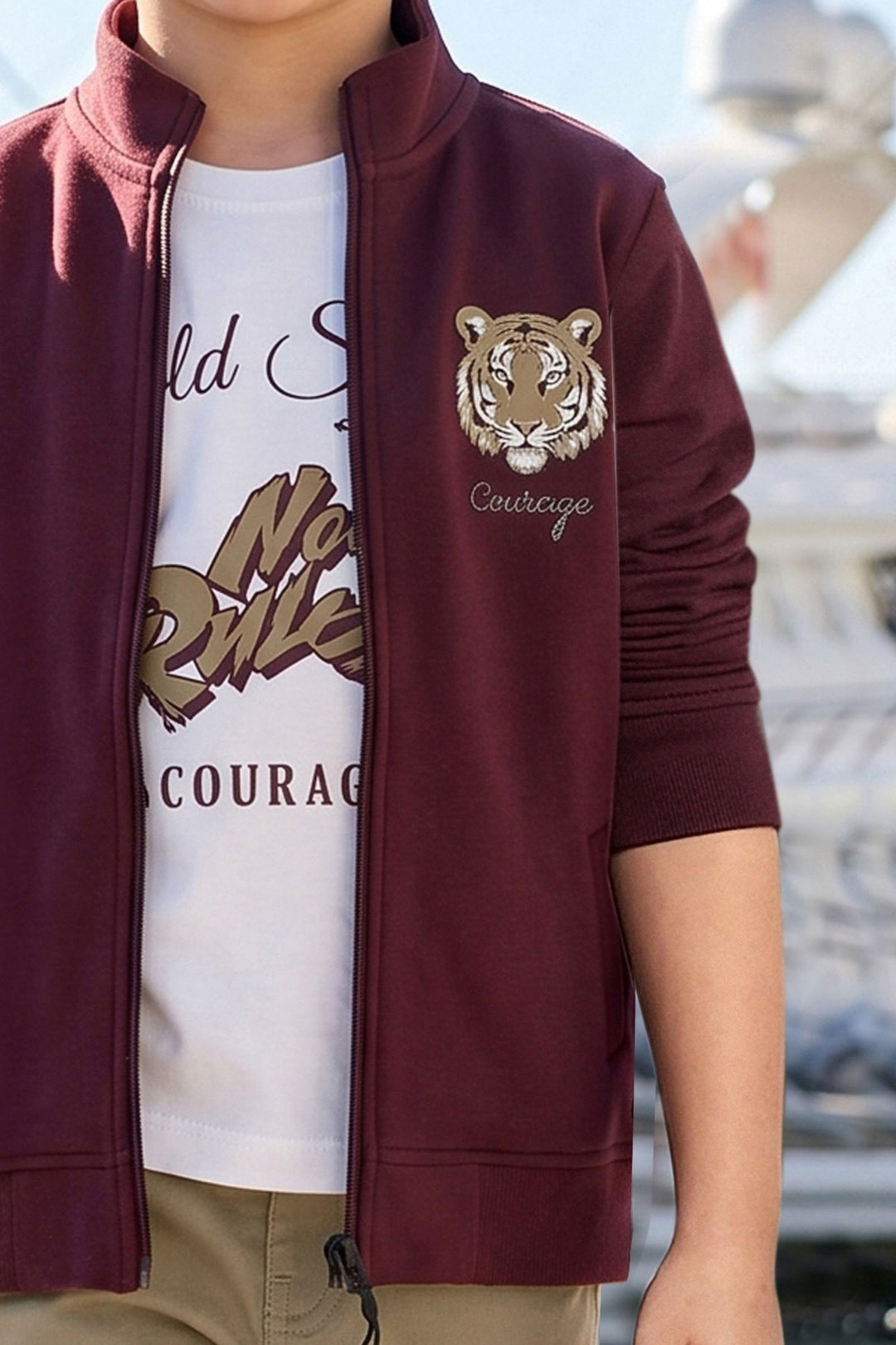 Maroon Blazer, Printed T-Shirt and Khaki Pant Set for Boys