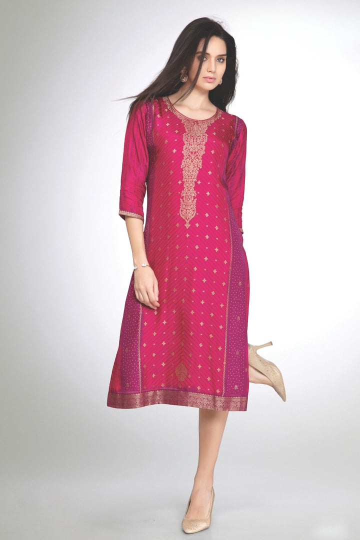 Rani Pink Banaras Zari work with Printed Calf Length Kurti