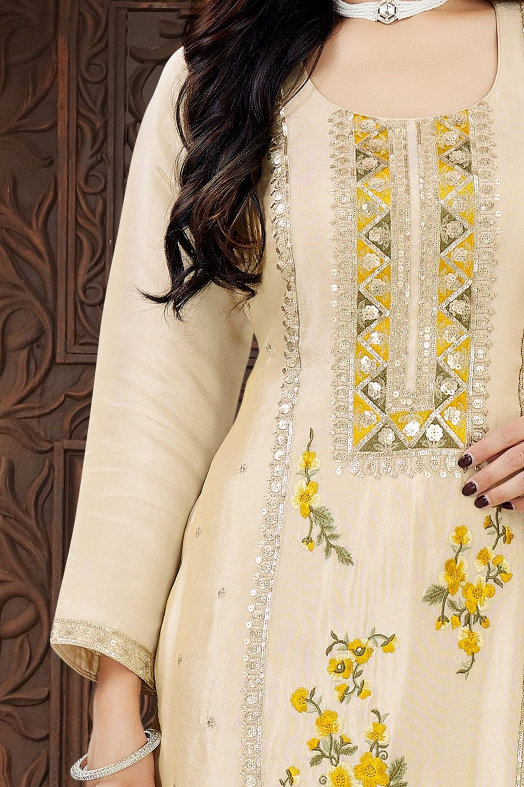 Beige Sequins, Zari and Embroidery work Straight Cut Salwar Suit