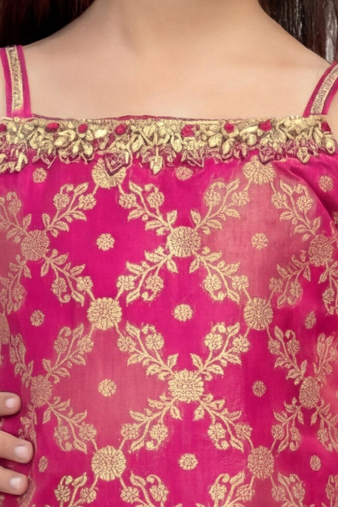 Rani Pink Banaras Zari, Mirror and Beads work Sharara Suit Set for Girls