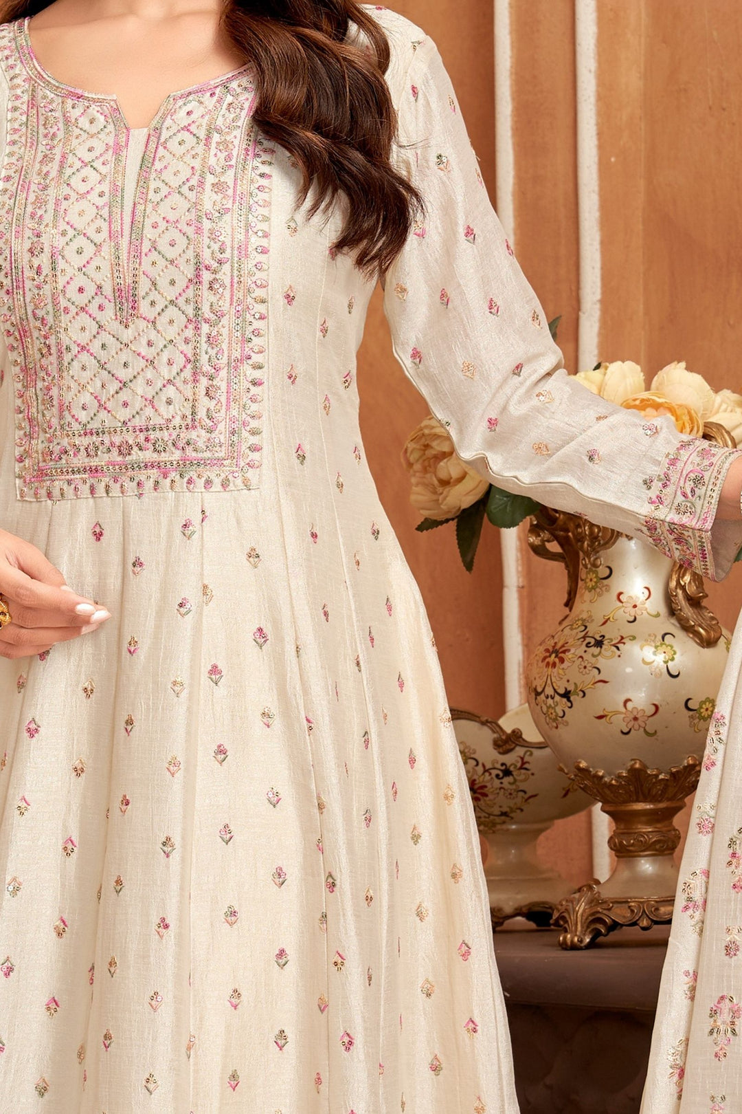 Beige Multicolor Thread and Sequins work Anarkali Style Salwar
