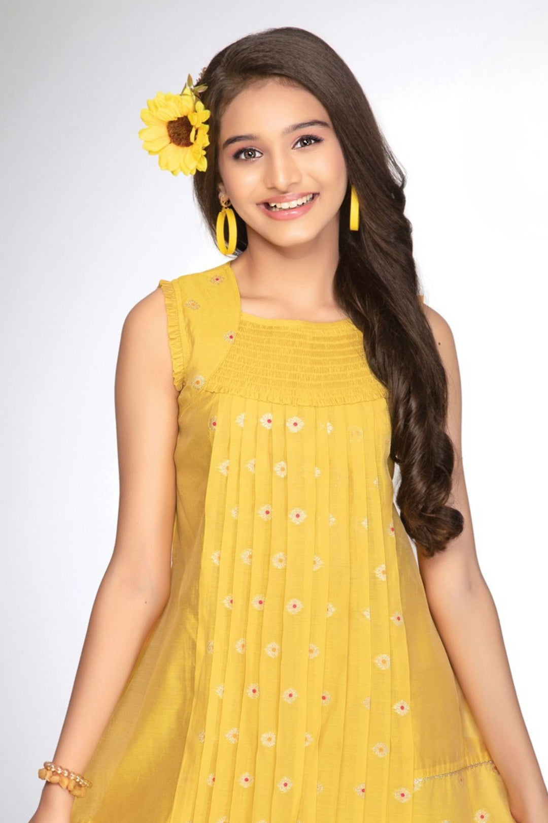 Girls Smocked Yoke Casual Frock with Pleated Front