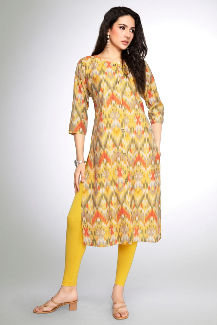 Yellow Beads and Sequins work with Multicolor Digital Print A-line Cut Calf Length Kurti