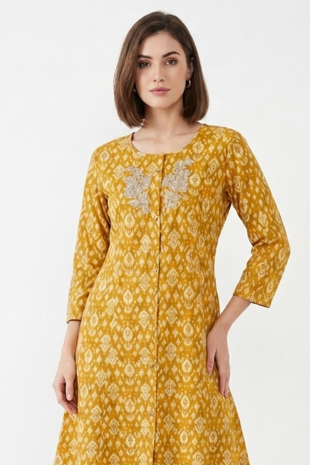 Mustard Embroidery and Mirror work with Digital Print A-Line Cut Calf Length Kurti