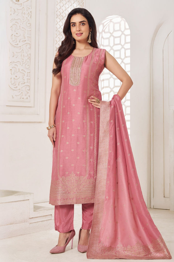 Lotus Pink Beads, Sequins, Stone, Zari, Zardozi and Banaras work Straight Cut Salwar Suit