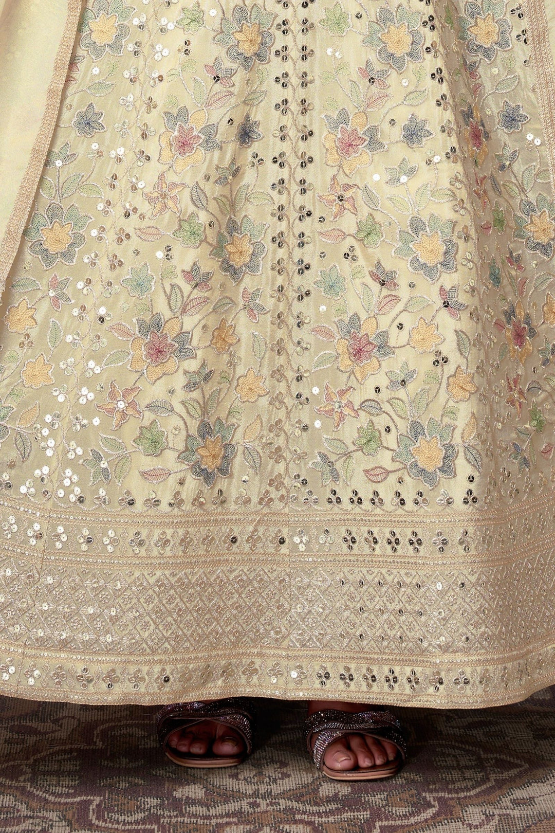 Cream Sequins, Zari and Multicolor Thread work Floor Length Anarkali Suit