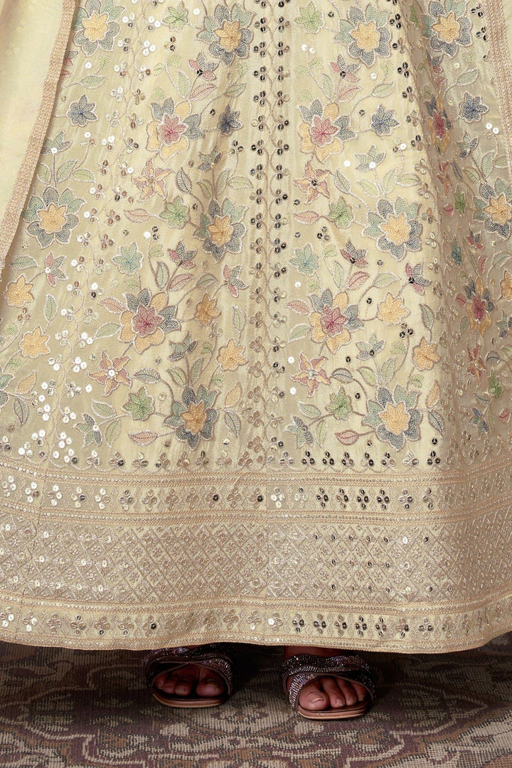 Cream Sequins, Zari and Multicolor Thread work Floor Length Anarkali Suit