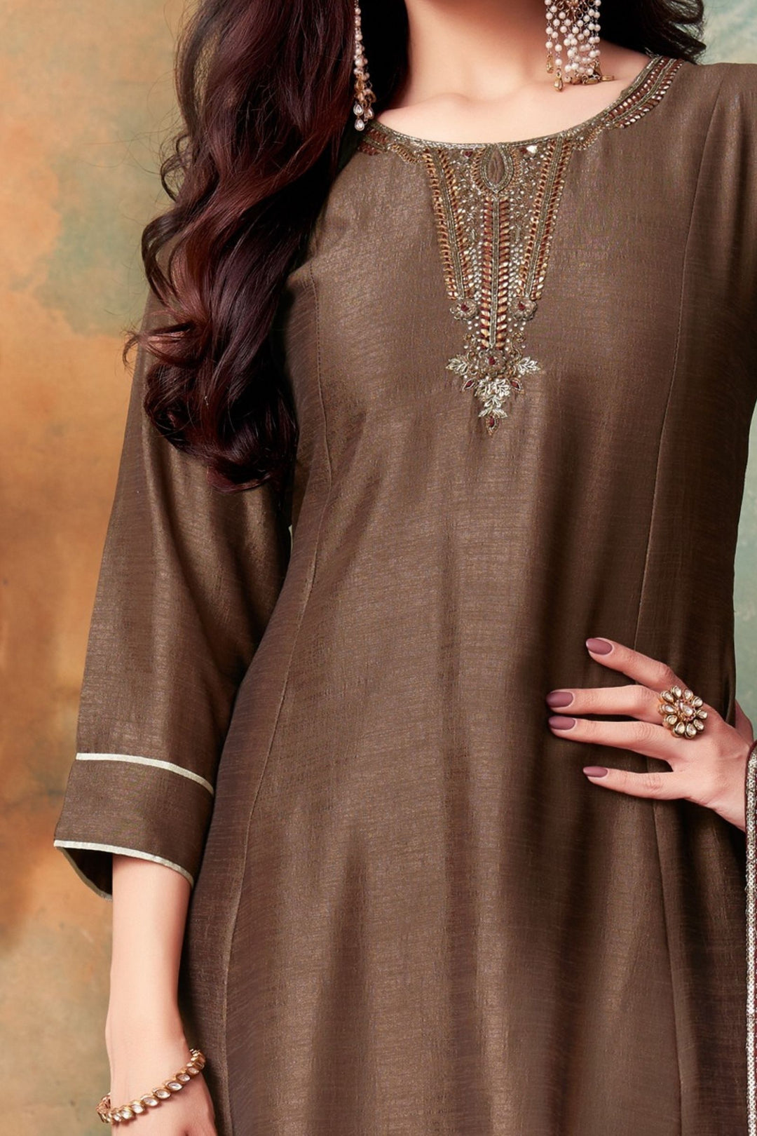 Brown Zardozi, Beads, Mirror and Stone work A-line Cut Anarkali Styled Salwar Suit
