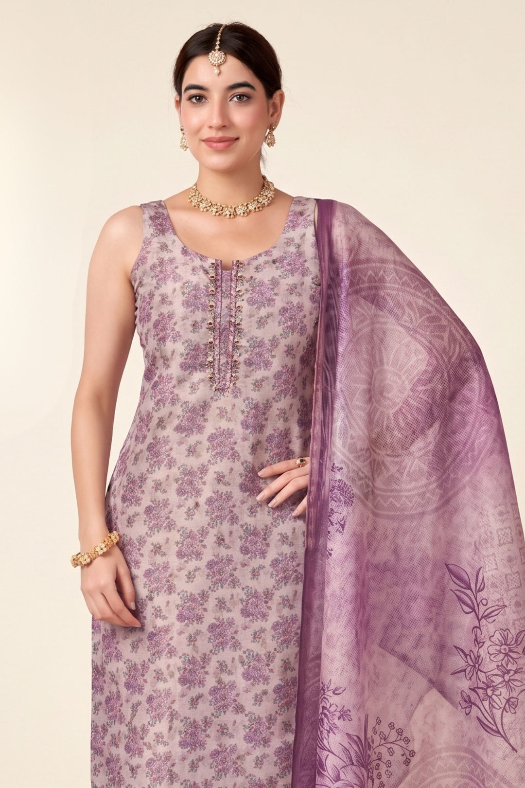Lavender Mirror, Beads and Sequins work with Floral Print Straight Cut Salwar Suit